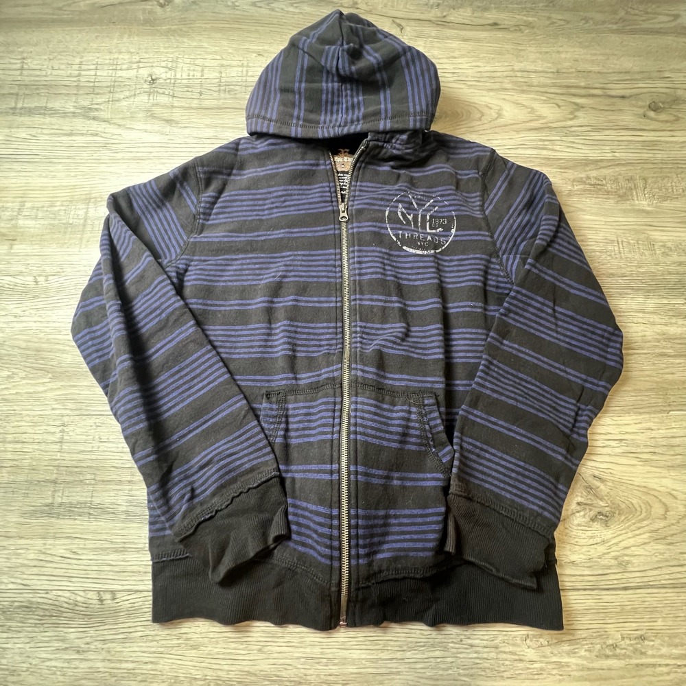 Epic Threads Hoodie Boys XL Black Blue Striped Full Zip NYC Graphic 6744